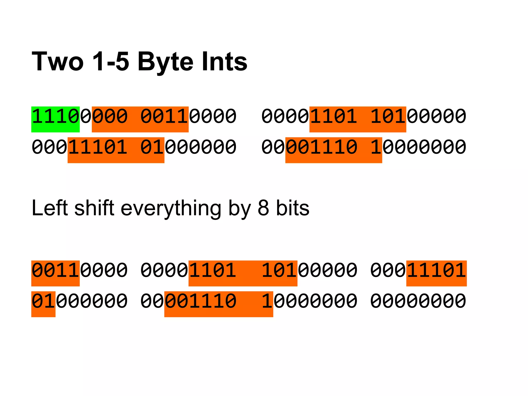 Two 1-5 Byte Ints
11100000 00110000 00001101 10100000
00011101 01000000 00001110 10000000
Left shift everything by 8 bits
00110000 00001101 10100000 00011101
01000000 00001110 10000000 00000000
 