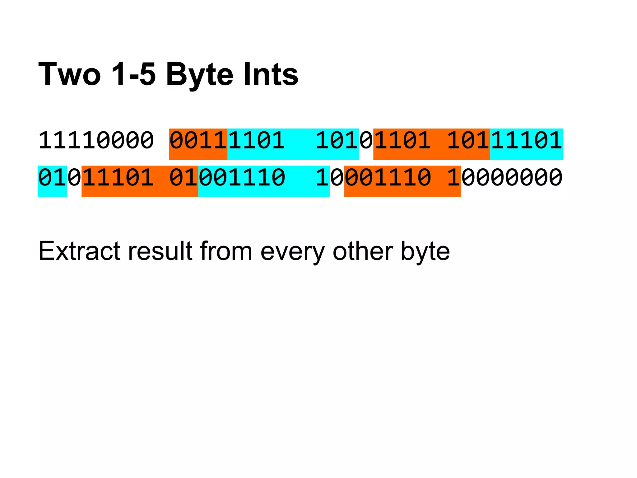 Two 1-5 Byte Ints
11110000 00111101 10101101 10111101
01011101 01001110 10001110 10000000
Extract result from every other byte
 