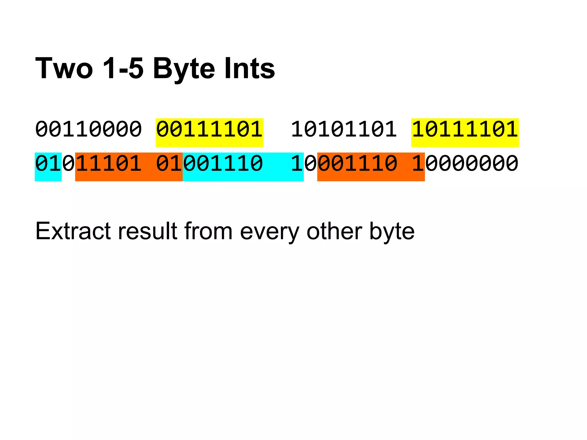 Two 1-5 Byte Ints
00110000 00111101 10101101 10111101
01011101 01001110 10001110 10000000
Extract result from every other byte
 