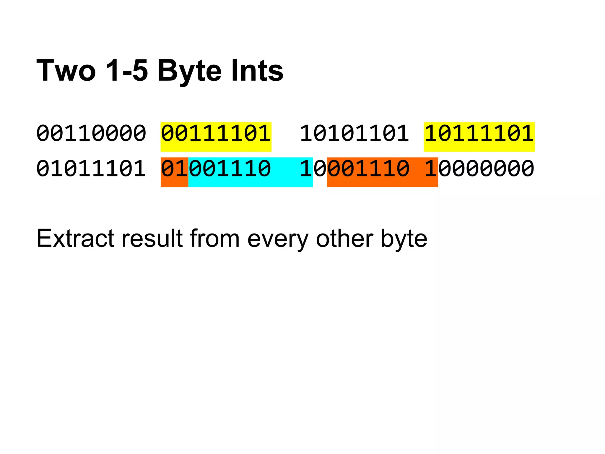 Two 1-5 Byte Ints
00110000 00111101 10101101 10111101
01011101 01001110 10001110 10000000
Extract result from every other byte
 