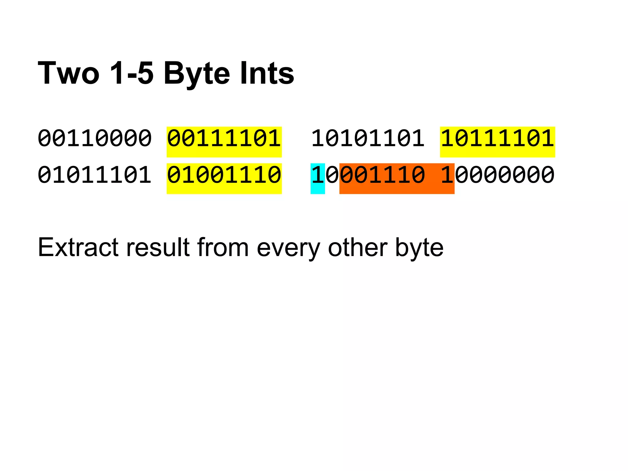 Two 1-5 Byte Ints
00110000 00111101 10101101 10111101
01011101 01001110 10001110 10000000
Extract result from every other byte
 