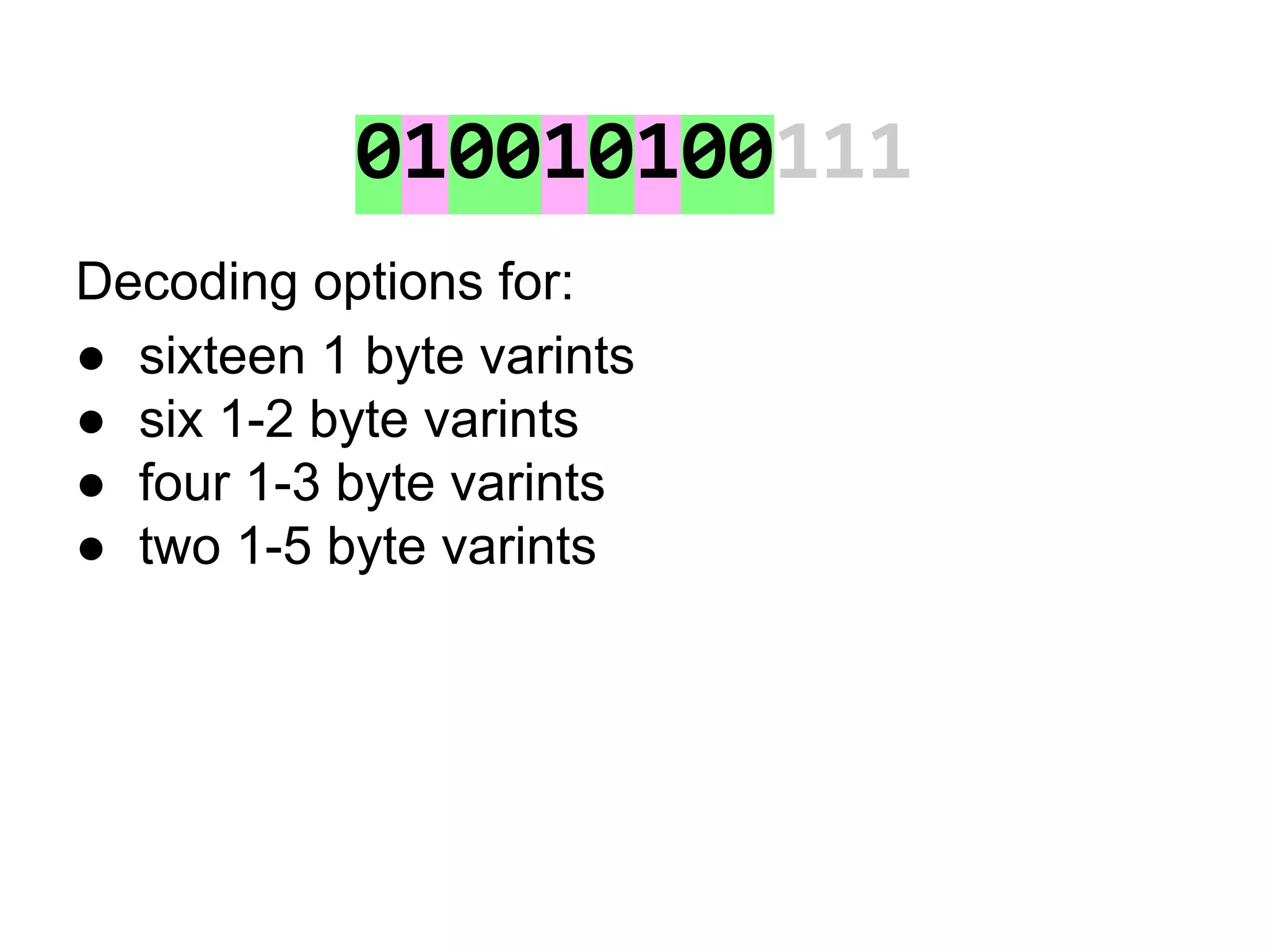 010010100111
Decoding options for:
● sixteen 1 byte varints
● six 1-2 byte varints
● four 1-3 byte varints
● two 1-5 byte varints
 
