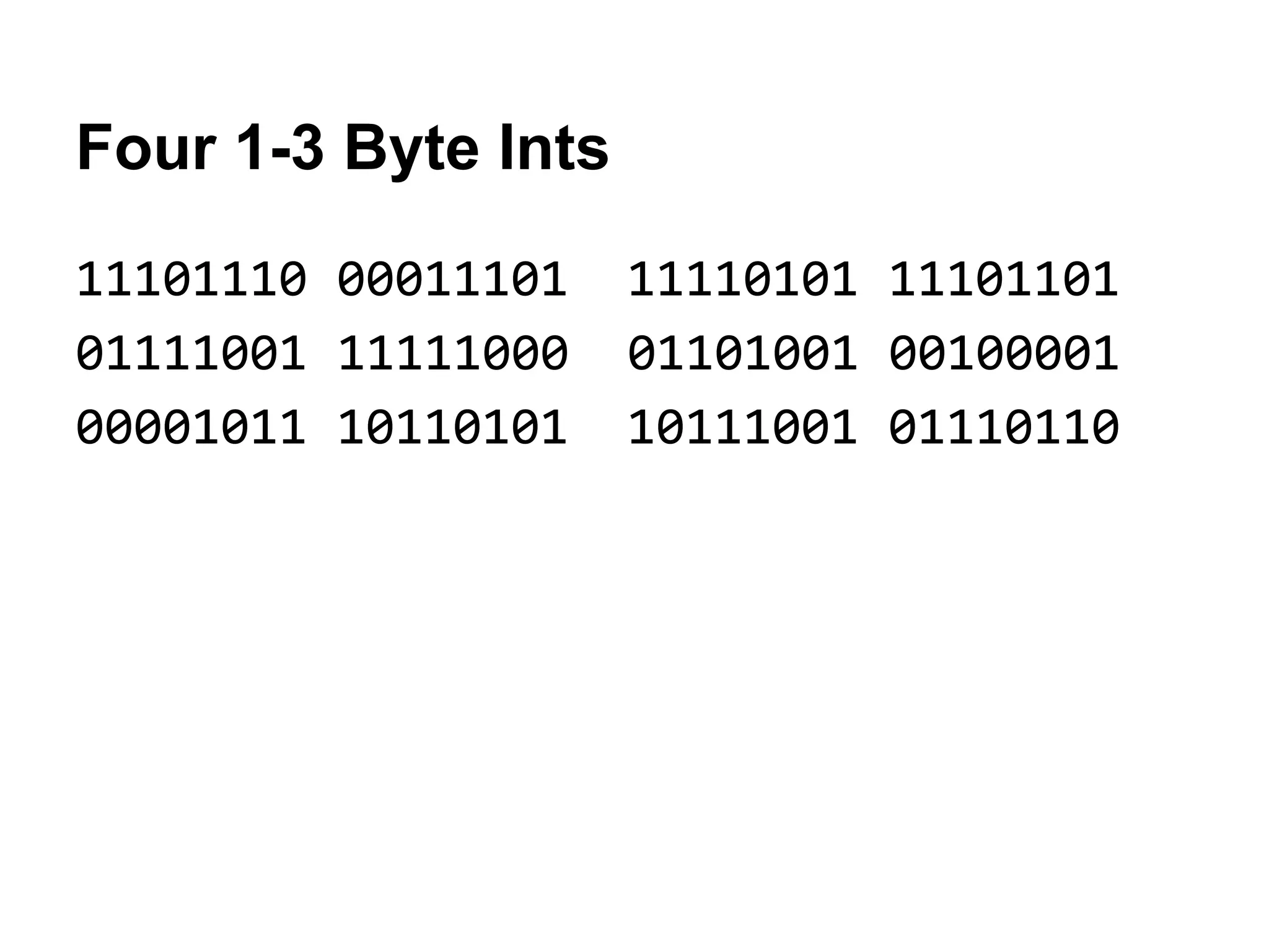 Four 1-3 Byte Ints
11101110 00011101 11110101 11101101
01111001 11111000 01101001 00100001
00001011 10110101 10111001 01110110
 