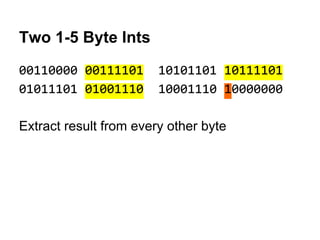 Two 1-5 Byte Ints
00110000 00111101 10101101 10111101
01011101 01001110 10001110 10000000
Extract result from every other byte
 