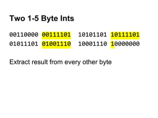 Two 1-5 Byte Ints
00110000 00111101 10101101 10111101
01011101 01001110 10001110 10000000
Extract result from every other byte
 