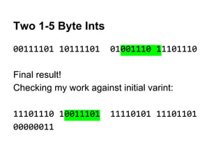 Two 1-5 Byte Ints
00111101 10111101 01001110 11101110
Final result!
Checking my work against initial varint:
11101110 1001...