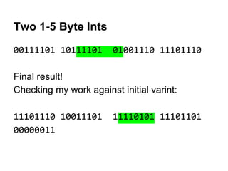 Two 1-5 Byte Ints
00111101 10111101 01001110 11101110
Final result!
Checking my work against initial varint:
11101110 10011101 11110101 11101101
00000011
 