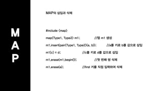 #include <map>
map<Type1, Type2> m1; //맵 m1 생성
m1.insert(pair<Type1, Type2>(a, b)); //a를 키로 b를 값으로 삽입
m1[c] = d; //c를 키로 d를 값으로 삽입
m1.erase(m1.begin()); //첫 번째 쌍 삭제
m1.erase(a); //first 키를 직접 입력하여 삭제
MAP의 삽입과 삭제
M
A
P
 
