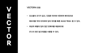 V
E
C
T
O
R
VECTOR의 장점
• 요소들의 크기가 같고, 인접한 위치에 이웃하여 배치되므로
메모리를 적게 차지하며 임의 위치를 빠른 속도로 액세스 할 수 있다.
• 최상위 레벨의 임의 접근 반복자를 제공하므로
STL의 모든 알고리즘을 사용할 수 있다.
 