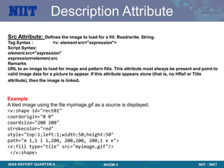Description Attribute
Src Attribute:    Defines the image to load for a fill. Read/write. String.
Tag Syntax :          <v: element src="expression">
Script Syntax:
element.src="expression"
expression=element.src
Remarks
URL to an image to load for image and pattern fills. This attribute must always be present and point to
valid image data for a picture to appear. If this attribute appears alone (that is, no HRef or Title
attribute), then the image is linked.



Example
A tiled image using the file myimage.gif as a source is displayed.
<v:shape id="rect01"
coordorigin="0 0"
coordsize="200 200"
strokecolor="red"
style="top:1;left:1;width:50;height:50"
path="m 1,1 l 1,200, 200,200, 200,1 x e">
<v:fill type="tile" src="myimage.gif"/>
 </v:shape>
 