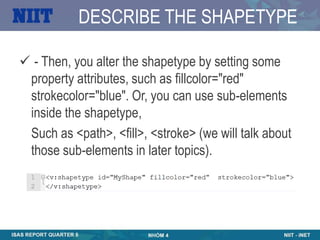 DESCRIBE THE SHAPETYPE

 - Then, you alter the shapetype by setting some
 property attributes, such as fillcolor="red"
 strokecolor="blue". Or, you can use sub-elements
 inside the shapetype,
 Such as <path>, <fill>, <stroke> (we will talk about
 those sub-elements in later topics).
 