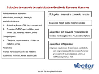 Soluções de controle de assiduidade e Gestão de Recursos Humanos
Fornecimento de aparelhos
electrónicos, instalação, formação
assistência técnica:
1. Autenticação com PIN, dedo e smartcard
2. Conexão: IP/TCP, opcional Gsm, web
server, usd, intranet, internet, online
Configurações:
1. Directoria, departamentos, códicos de
trabalho, turnos
Relatorios:
total de horas acumuladas de trabalho,
ausências, licenças , férias, escalas,etc.
Vector Tecnologias Limitada
Soluções em nuvens (Web based)
Gestão e monitorização online: Pcs, Ipad,Smarthphone
Soluções intranet e conexão remota
Soluções local: getão local de dados
Soluções integradas
Integração e automação de controle de assiduidade,
com programas de getão de recursos humanos:
processamento automatizado de salários, e
notificações por sm, e-mail.
 