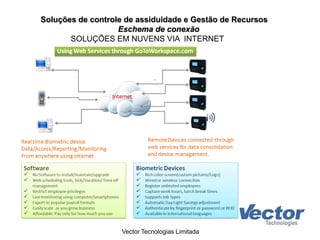 Soluções de controle de assiduidade e Gestão de Recursos
Eschema de conexão
Vector Tecnologias Limitada
SOLUÇÕES EM NUVENS VIA INTERNET
 