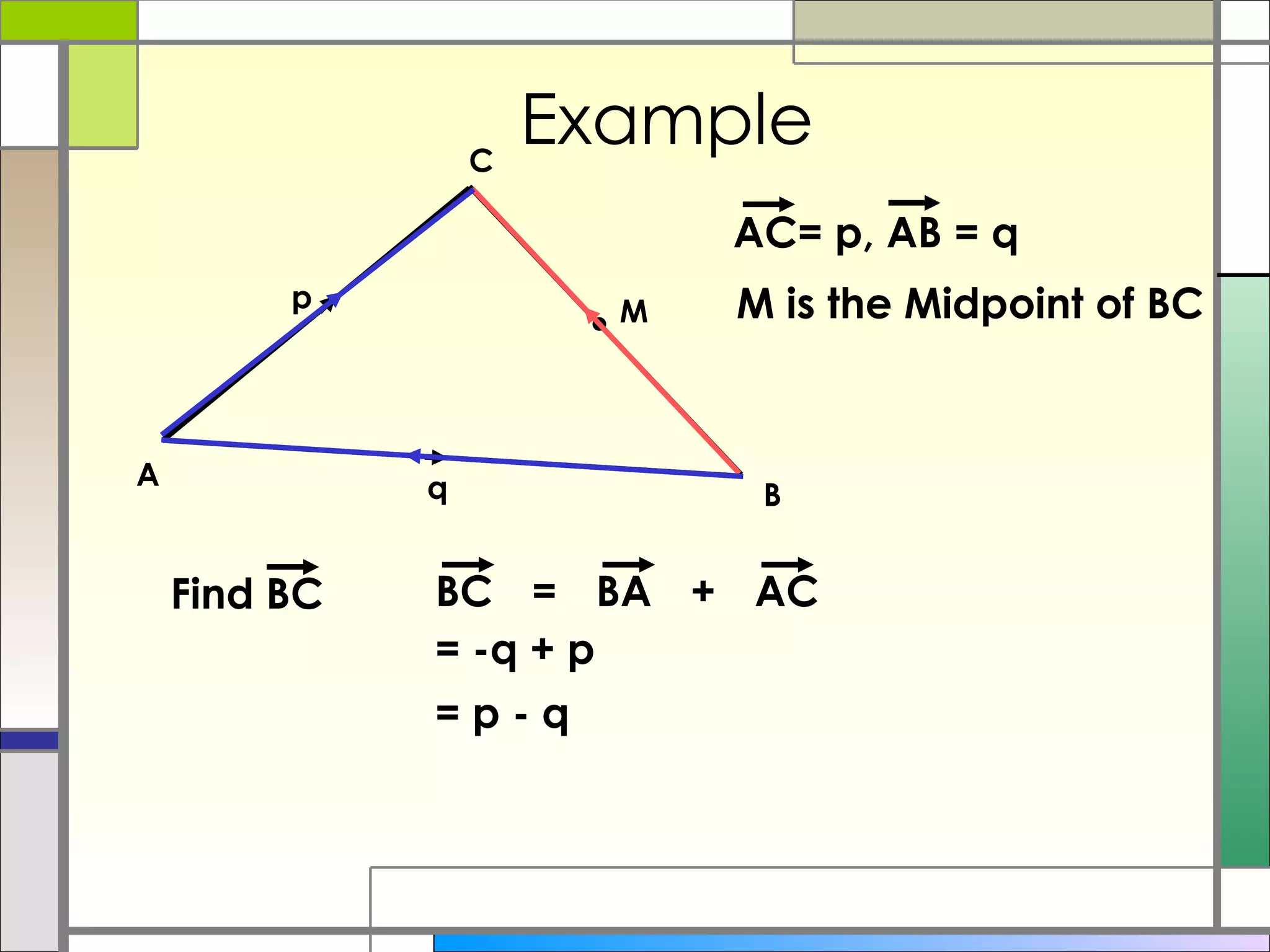 Example M is the Midpoint of BC = -q + p = p - q A B C p q M Find BC AC= p, AB = q BC BA AC = + 