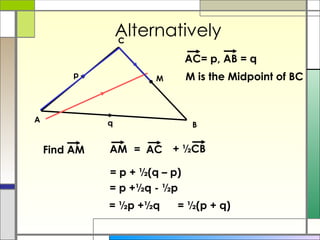 Alternatively M is the Midpoint of BC = p + ½(q – p) = p +½q - ½p = ½p +½q  = ½(p + q)  A B C p q M Find AM AC= p, AB = q AM + ½CB = AC 