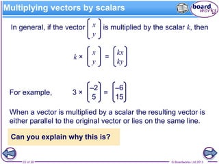 © Boardworks Ltd 201322 of 38
Multiplying vectors by scalars
In general, if the vector is multiplied by the scalar k, thenx
y
x
y
k × =
kx
ky
When a vector is multiplied by a scalar the resulting vector is
either parallel to the original vector or lies on the same line.
For example,
–2
5
3 × =
–6
15
Can you explain why this is?
 