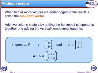 © Boardworks Ltd 201328 of 38
Adding vectors
When two or more vectors are added together the result is
called the resultant vector.
In general, if a =
a
b
and b =
c
d
Add two column vectors by adding the horizontal components
together and adding the vertical components together.
a + b =
a + c
b + d
 