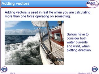 © Boardworks Ltd 201330 of 38
Adding vectors
Adding vectors is used in real life when you are calculating
more than one force operating on something.
Sailors have to
consider both
water currents
and wind, when
plotting direction.
 