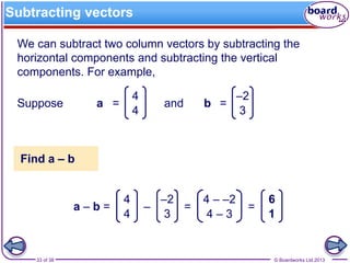 © Boardworks Ltd 201333 of 38
Subtracting vectors
We can subtract two column vectors by subtracting the
horizontal components and subtracting the vertical
components. For example,
Find a – b
Suppose and b =
–2
3
a =
4
4
a – b =
4
4
–
–2
3
=
4 – –2
4 – 3
=
6
1
 