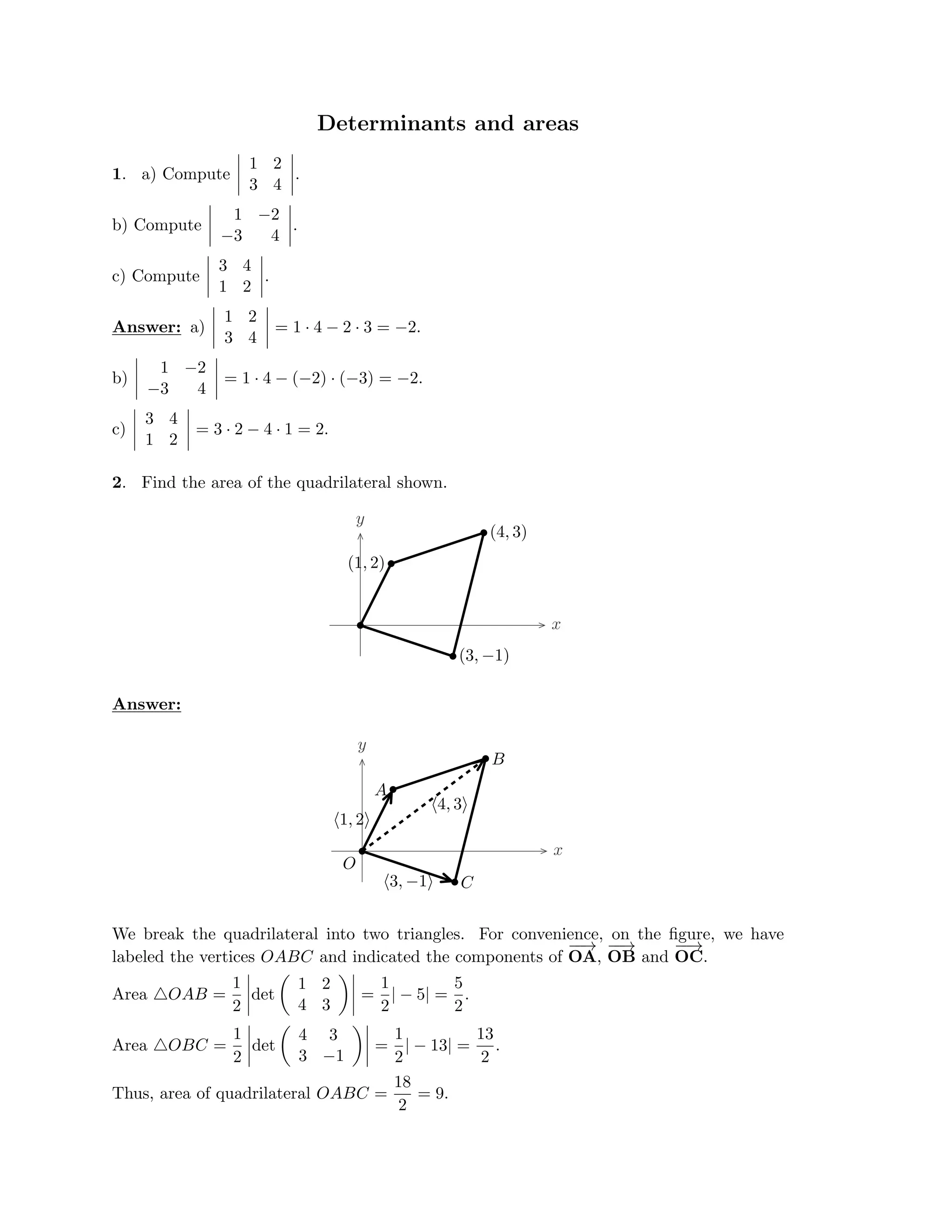 Determinants and areas

1. a) Compute

�
�
1
.



b) Compute

� 2

�
 �
�
�
�


�
�
3 4
1 −2


.
− 4
�
�
� 


 3

�
�
� 3 4

�
c) Compute

�
�
�

�
� 



.
�
�
Answer: a)

�
�
1 2
�
b)

�
� 1 2
= 1 4 −


�
�
�

�
4
· 2 · 3 = −2.
3 

�
� 1


−2
= 1 4 − (
4
· −2) · (−3) = −2.
−3

�
�


c)

�
�
�
�
�
� 3 4

−


�
�
�
�
�
= 3 · 2 4 · 1 = 2.
1 2

2. Find the area of the quadrilateral shown.

y
x
�
� �

�
�

�
�




�
�
�
�
�
�
� 

�
� 

�
�
�
�

(4, 3)
(1, 2)
(3, −1)
Answer:
x
y
O
A
B
C
�1, 2�
�3, −1�
�4, 3�
We break the quadrilateral into two triangles. For convenience, on the ﬁgure, we have
labeled the vertices OABC and indicated the components of
−
O
−
→
A, OB
−
−
→
and
−
OC
−
→
.

1
 1 2
 1 5

Area �OAB
=
 det
 =
 | − 5| =
 .

2
 4 3
 2 2

1
 4 3
 1 13

Area �OBC
=
 det
 =
 13 
= .

2
 3 −1
 2
| − |
2

18
Thus, area of quadrilateral OABC = = 9.
2
 