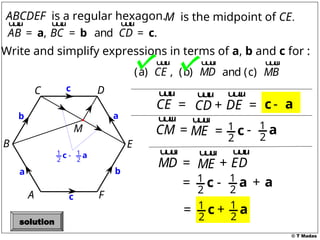 © T Madas
ABCDEF is a regular hexagon.
, and .
AB BC CD
= = =
a b c
u
u
u
r u
u
u
r u
u
u
r
A
B
C D
M is the midpoint of CE.
E
F
M
a
b
c
Write and simplify expressions in terms of a, b and c for :
(a) ,
CE
u
u
u
r
(b) MD
u
u
u
r
and (c) MB
u
u
u
r
a
b
c
CE =
u
u
u
r
CD
u
u
u
r
DE
+ =
u
u
u
r
c- a
CM =
u
u
u
r
ME =
u
u
u
r
1
2
c 1
2
- a
1 1
2 2
-
c a
MD =
u
u
u
r
ME
u
u
u
r
ED
+
u
u
u
r
1
2
= c 1
2
- a + a
1
2
= c 1
2
+ a
solution
 