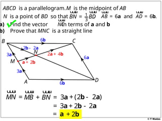 © T Madas
2
+
a b
1
3
BN BD
=
u
u
u
r u
u
u
r
N is a point of BD so that . 6 and 6 .
AB AD
= =
a b
u
u
u
r u
u
u
r
ABCD is a parallelogram.M is the midpoint of AB
a) Find the vector in terms of a and b
b) Prove that MNC is a straight line
A
B C
D
M
N
NC
u
u
u
r
3a
3a
6b
6a
6b
2 2
-
b a
2 4
+
a b
MN =
u
u
u
r
MB
u
u
u
r
(2 2 )
+ -
b a
BN
+ =
u
u
u
r
3a
2
- a
3
= a 2
+ b
= a 2
+ b
 