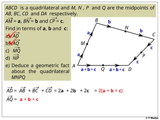 © T Madas
ABCD is a quadrilateral and M, N , P and Q are the midpoints of
AB, BC, CD and DA respectively.
AM = a, BN = b and CP = c.
Find in terms of a, b and c:
a) AD
b) AQ
c) MQ
d) NP
e) Deduce a geometric fact
about the quadrilateral
MNPQ
A
B
C
D
M
N
P
Q
a
b
c
a b
c
AD = AB + BC + CD = 2a + 2b + 2c = 2(a + b + c)
AQ = a + b + c
a+b+c a+b+c
 