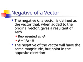 Negative of a Vector
 The negative of a vector is defined as
the vector that, when added to the
original vector, gives a resultant of
zero
 Represented as –A
 A + (-A) = 0
 The negative of the vector will have the
same magnitude, but point in the
opposite direction
 