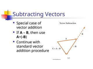 Subtracting Vectors
 Special case of
vector addition
 If A – B, then use
A+(-B)
 Continue with
standard vector
addition procedure
 