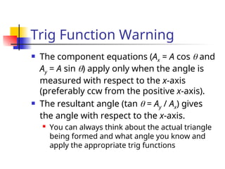 Trig Function Warning
 The component equations (Ax = A cos  and
Ay = A sin ) apply only when the angle is
measured with respect to the x-axis
(preferably ccw from the positive x-axis).
 The resultant angle (tan  = Ay / Ax) gives
the angle with respect to the x-axis.
 You can always think about the actual triangle
being formed and what angle you know and
apply the appropriate trig functions
 