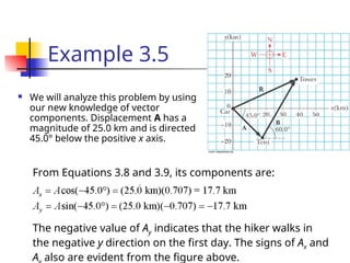 Example 3.5
 We will analyze this problem by using
our new knowledge of vector
components. Displacement A has a
magnitude of 25.0 km and is directed
45.0° below the positive x axis.
From Equations 3.8 and 3.9, its components are:
The negative value of Ay indicates that the hiker walks in
the negative y direction on the first day. The signs of Ax and
A also are evident from the figure above.
 