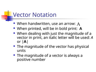 Vector Notation
 When handwritten, use an arrow:
 When printed, will be in bold print: A
 When dealing with just the magnitude of a
vector in print, an italic letter will be used: A
or |A|
 The magnitude of the vector has physical
units
 The magnitude of a vector is always a
positive number
A

 