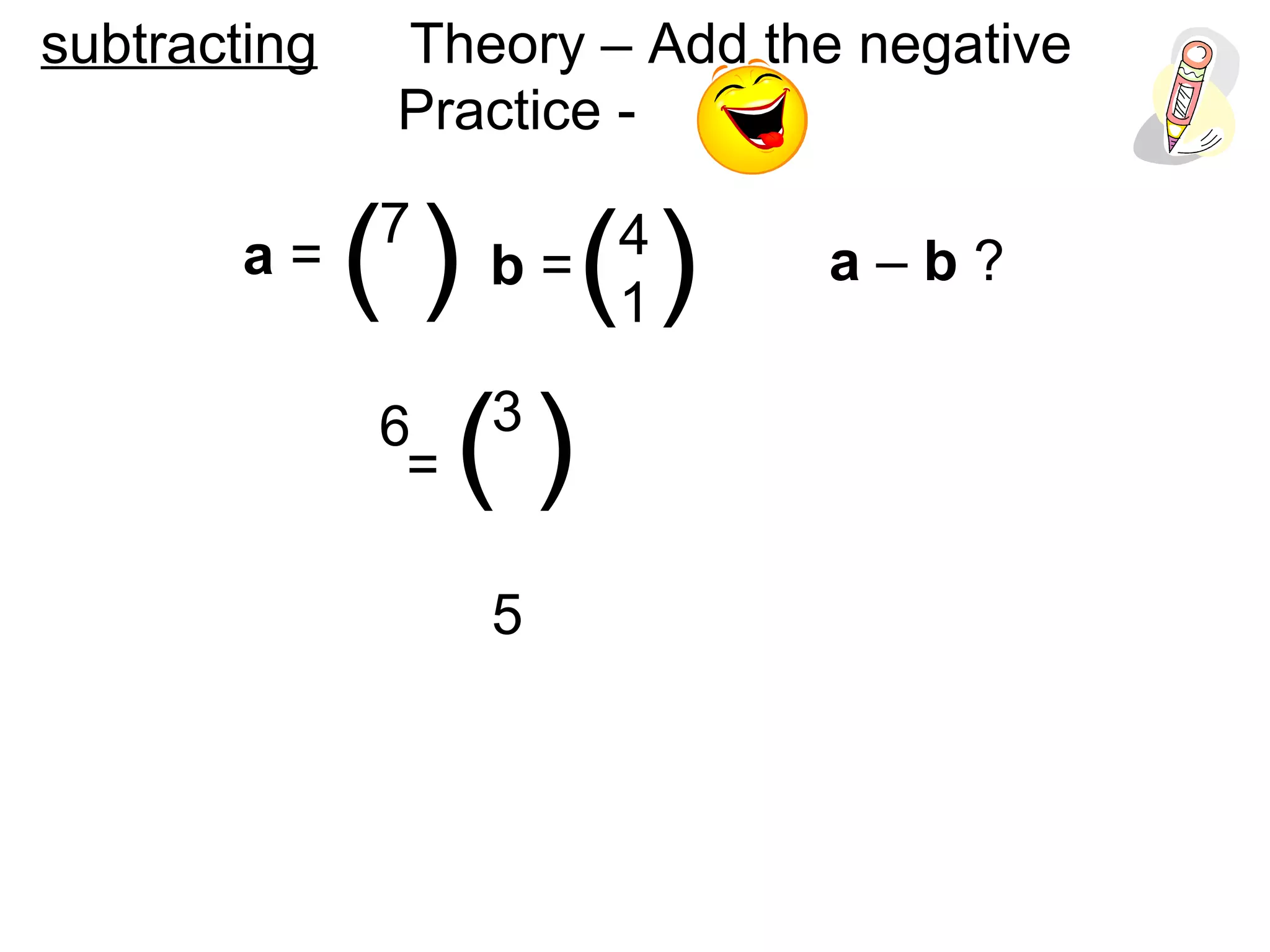 a – b ?( )a = b =( )
= ( )
7
6
4
1
3
5
subtracting Theory – Add the negative
Practice -
 