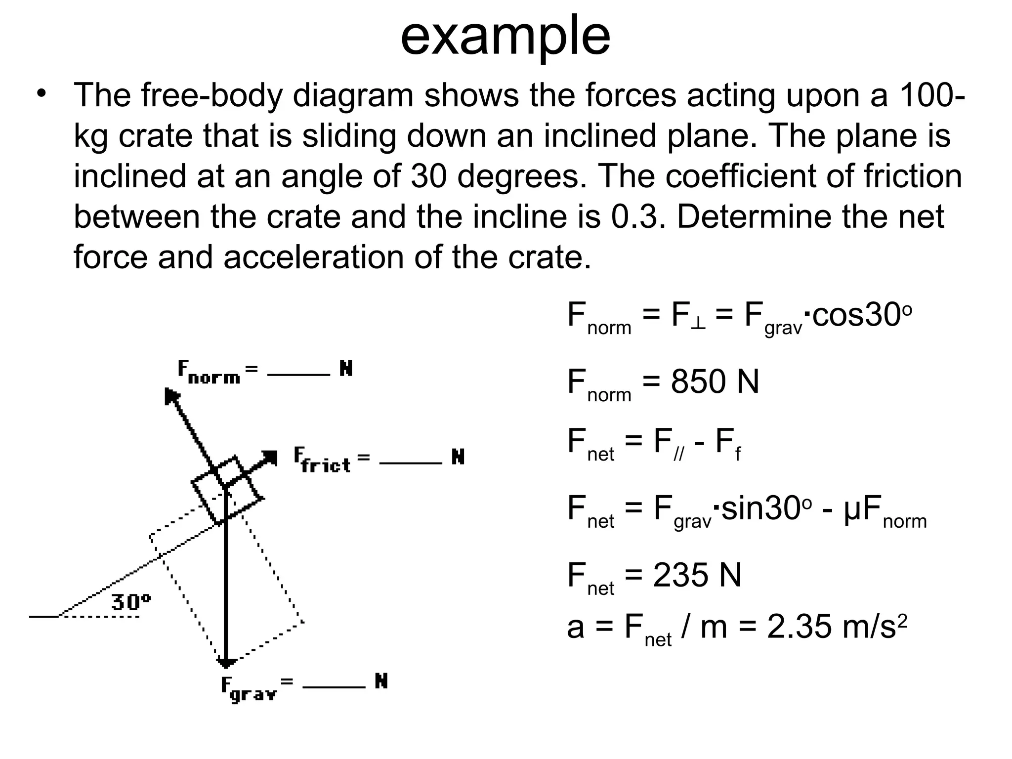 example
• The free-body diagram shows the forces acting upon a 100-
kg crate that is sliding down an inclined plane. The plane is
inclined at an angle of 30 degrees. The coefficient of friction
between the crate and the incline is 0.3. Determine the net
force and acceleration of the crate.
Fnorm = F┴ = Fgrav∙cos30o
Fnorm = 850 N
Fnet = F// - Ff
Fnet = Fgrav∙sin30o
- µFnorm
Fnet = 235 N
a = Fnet / m = 2.35 m/s2
 