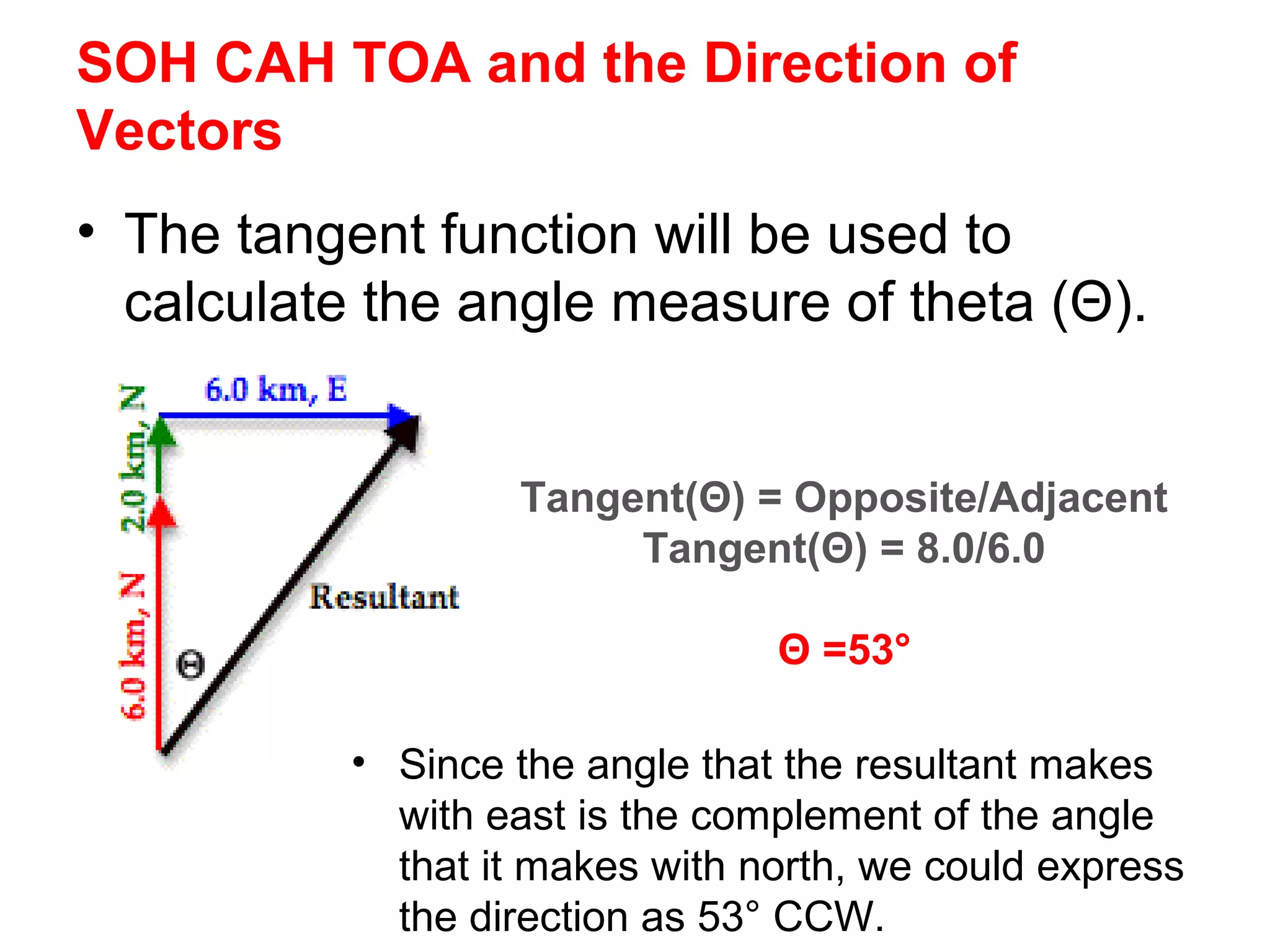 SOH CAH TOA and the Direction of
Vectors
• The tangent function will be used to
calculate the angle measure of theta (Θ).
Tangent(Θ) = Opposite/Adjacent
Tangent(Θ) = 8.0/6.0
Θ =53°
• Since the angle that the resultant makes
with east is the complement of the angle
that it makes with north, we could express
the direction as 53° CCW.
 