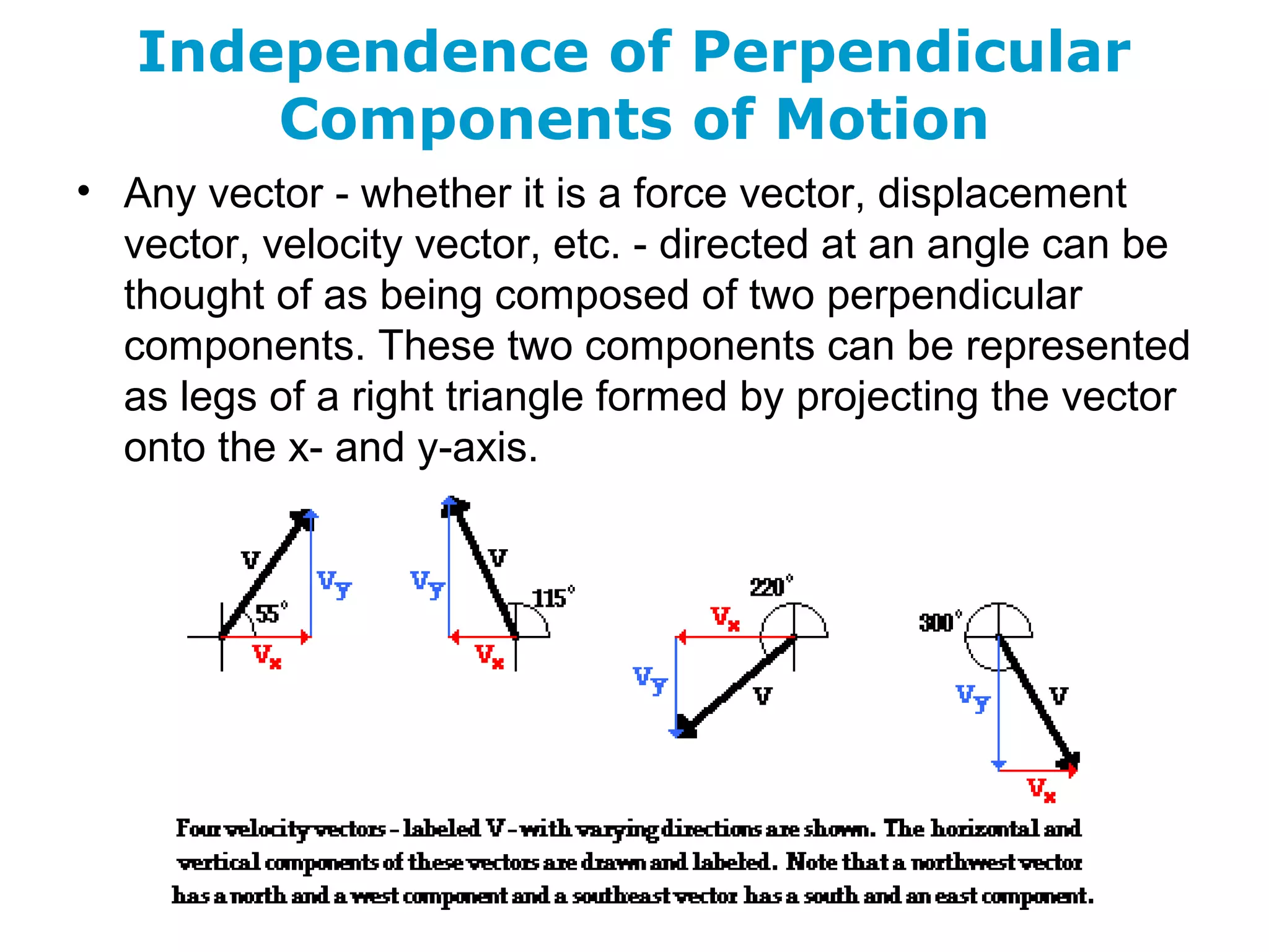 Independence of Perpendicular
Components of Motion
• Any vector - whether it is a force vector, displacement
vector, velocity vector, etc. - directed at an angle can be
thought of as being composed of two perpendicular
components. These two components can be represented
as legs of a right triangle formed by projecting the vector
onto the x- and y-axis.
 