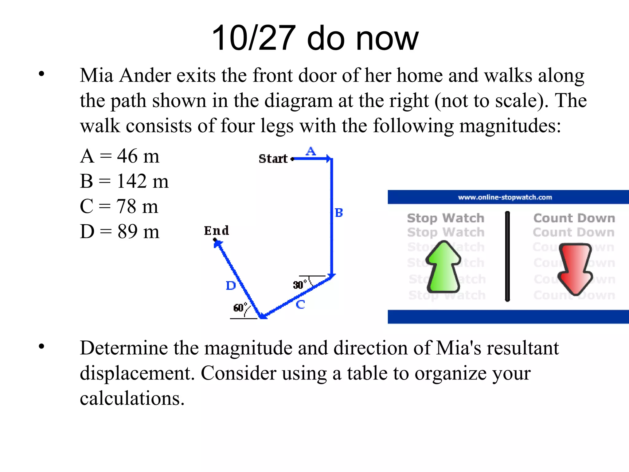 10/27 do now
• Mia Ander exits the front door of her home and walks along
the path shown in the diagram at the right (not to scale). The
walk consists of four legs with the following magnitudes:
A = 46 m
B = 142 m
C = 78 m
D = 89 m
• Determine the magnitude and direction of Mia's resultant
displacement. Consider using a table to organize your
calculations.
 