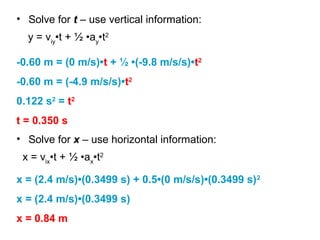y = viy
•t + ½ •ay
•t2
• Solve for t – use vertical information:
-0.60 m = (0 m/s)•t + ½ •(-9.8 m/s/s)•t2
-0.60 m = (-4.9 m/s/s)•t2
0.122 s2
= t2
t = 0.350 s
• Solve for x – use horizontal information:
x = vix
•t + ½ •ax
•t2
x = (2.4 m/s)•(0.3499 s) + 0.5•(0 m/s/s)•(0.3499 s)2
x = (2.4 m/s)•(0.3499 s)
x = 0.84 m
 