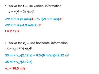 y = viy
•t + ½ •ay
•t2
• Solve for t – use vertical information:
-22.0 m = (0 m/s)•t + ½ •(-9.8 m/s/s)•t2
-22.0 m = (-4.9 m/s/s)•t2
t = 2.12 s
• Solve for vix – use horizontal information:
x = vix
•t + ½ •ax
•t2
35 m = vix•(2.12 s) + 0.5•(0 m/s/s)•(2.12 s)2
35 m = vix•(2.12 s)
vix = 16.5 m/s
 