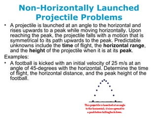 Non-Horizontally Launched
Projectile Problems
• A projectile is launched at an angle to the horizontal and
rises upwards to a peak while moving horizontally. Upon
reaching the peak, the projectile falls with a motion that is
symmetrical to its path upwards to the peak. Predictable
unknowns include the time of flight, the horizontal range,
and the height of the projectile when it is at its peak.
Examples:
• A football is kicked with an initial velocity of 25 m/s at an
angle of 45-degrees with the horizontal. Determine the time
of flight, the horizontal distance, and the peak height of the
football.
 