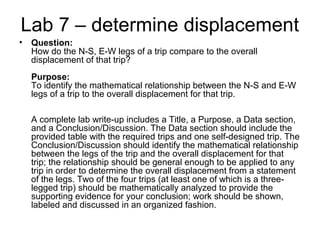 Lab 7 – determine displacement
• Question:
How do the N-S, E-W legs of a trip compare to the overall
displacement of that trip?
Purpose:
To identify the mathematical relationship between the N-S and E-W
legs of a trip to the overall displacement for that trip.
A complete lab write-up includes a Title, a Purpose, a Data section,
and a Conclusion/Discussion. The Data section should include the
provided table with the required trips and one self-designed trip. The
Conclusion/Discussion should identify the mathematical relationship
between the legs of the trip and the overall displacement for that
trip; the relationship should be general enough to be applied to any
trip in order to determine the overall displacement from a statement
of the legs. Two of the four trips (at least one of which is a three-
legged trip) should be mathematically analyzed to provide the
supporting evidence for your conclusion; work should be shown,
labeled and discussed in an organized fashion.
 