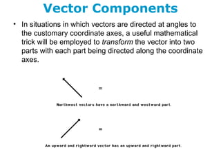 Vector Components
• In situations in which vectors are directed at angles to
the customary coordinate axes, a useful mathematical
trick will be employed to transform the vector into two
parts with each part being directed along the coordinate
axes.
 