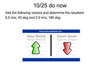 10/25 do now
Add the following vectors and determine the resultant.
5.0 m/s, 45 deg and 2.0 m/s, 180 deg
 