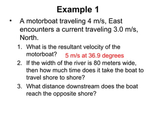 Example 1
• A motorboat traveling 4 m/s, East
encounters a current traveling 3.0 m/s,
North.
1. What is the resultant velocity of the
motorboat?
2. If the width of the river is 80 meters wide,
then how much time does it take the boat to
travel shore to shore?
3. What distance downstream does the boat
reach the opposite shore?
5 m/s at 36.9 degrees
 