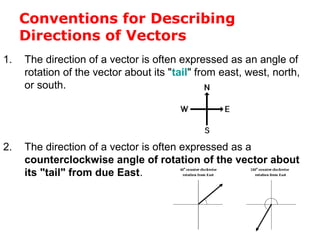 Conventions for Describing
Directions of Vectors
1. The direction of a vector is often expressed as an angle of
rotation of the vector about its "tail" from east, west, north,
or south.
2. The direction of a vector is often expressed as a
counterclockwise angle of rotation of the vector about
its "tail" from due East.
 