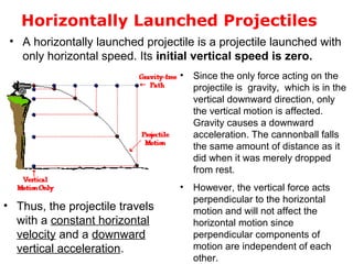Horizontally Launched Projectiles
• A horizontally launched projectile is a projectile launched with
only horizontal speed. Its initial vertical speed is zero.
• Since the only force acting on the
projectile is gravity, which is in the
vertical downward direction, only
the vertical motion is affected.
Gravity causes a downward
acceleration. The cannonball falls
the same amount of distance as it
did when it was merely dropped
from rest.
• However, the vertical force acts
perpendicular to the horizontal
motion and will not affect the
horizontal motion since
perpendicular components of
motion are independent of each
other.
• Thus, the projectile travels
with a constant horizontal
velocity and a downward
vertical acceleration.
 