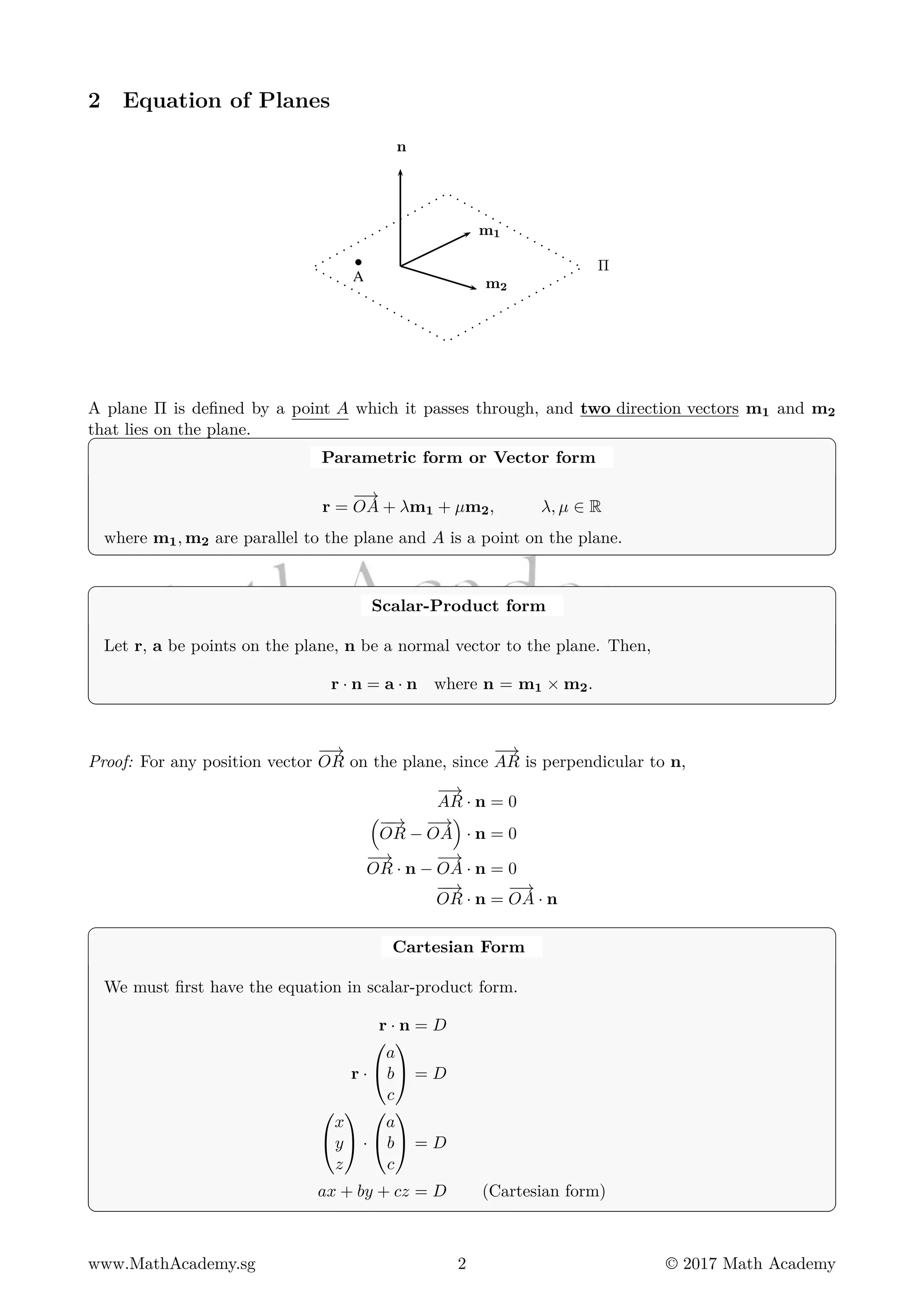 2 Equation of Planes
m1
m2
n
Π
A
A plane Π is defined by a point A which it passes through, and two direction vectors m1 and m2
that lies on the plane.
Parametric form or Vector form
r =
−→
OA + λm1 + µm2, λ, µ ∈ R
where m1, m2 are parallel to the plane and A is a point on the plane.
Scalar-Product form
Let r, a be points on the plane, n be a normal vector to the plane. Then,
r · n = a · n where n = m1 × m2.
Proof: For any position vector
−−→
OR on the plane, since
−→
AR is perpendicular to n,
−→
AR · n = 0
(−−→
OR −
−→
OA
)
· n = 0
−−→
OR · n −
−→
OA · n = 0
−−→
OR · n =
−→
OA · n
Cartesian Form
We must first have the equation in scalar-product form.
r · n = D
r ·


a
b
c

 = D


x
y
z

 ·


a
b
c

 = D
ax + by + cz = D (Cartesian form)
www.MathAcademy.sg 2 © 2017 Math Academy
 
