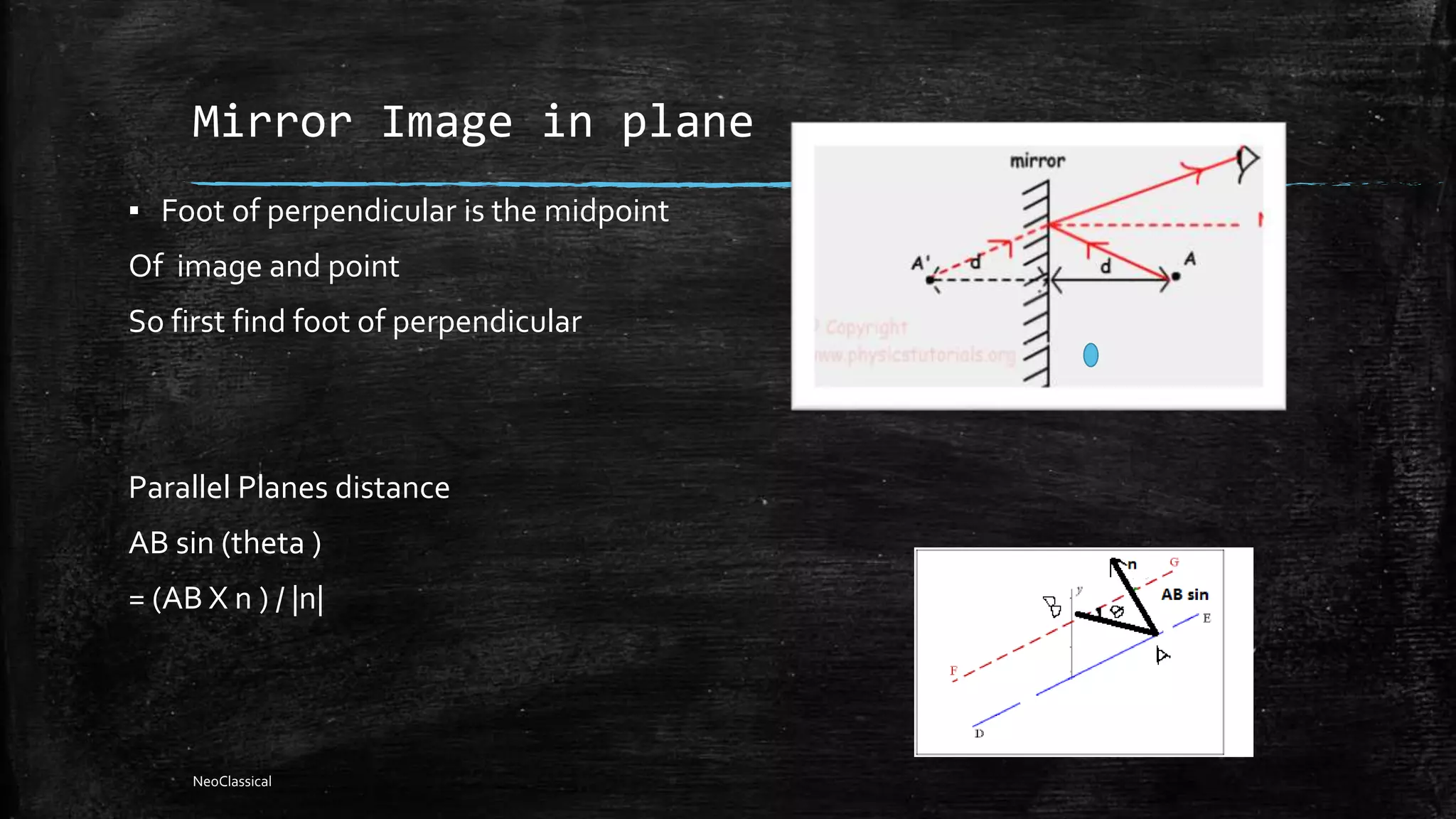 Mirror Image in plane
▪ Foot of perpendicular is the midpoint
Of image and point
So first find foot of perpendicular
Parallel Planes distance
AB sin (theta )
= (AB X n ) / |n|
NeoClassical
 