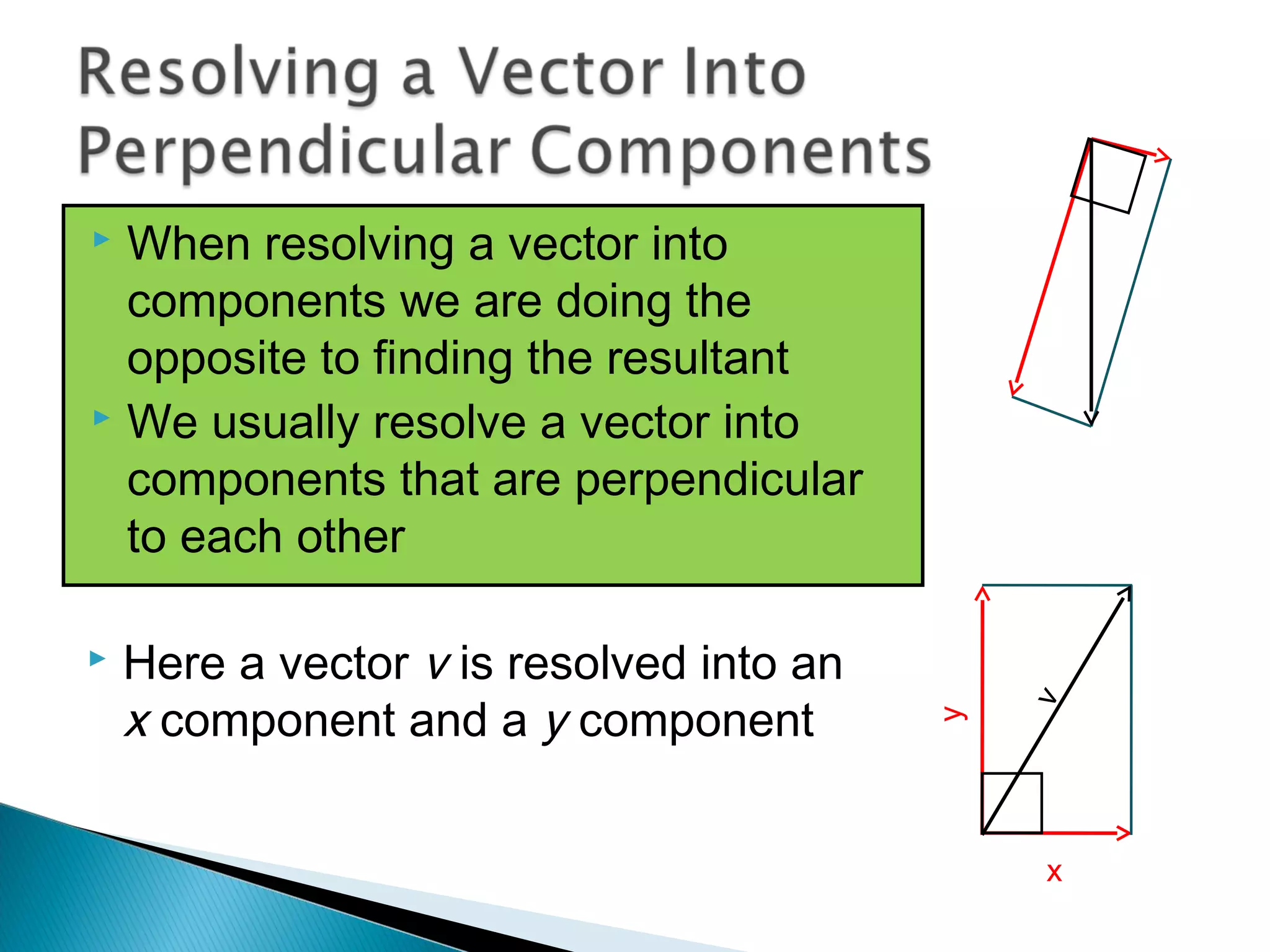  When resolving a vector into
components we are doing the
opposite to finding the resultant
 We usually resolve a vector into
components that are perpendicular
to each other
y
v
x
 Here a vector v is resolved into an
x component and a y component
 