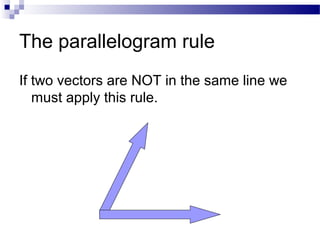 The parallelogram rule
If two vectors are NOT in the same line we
must apply this rule.
 